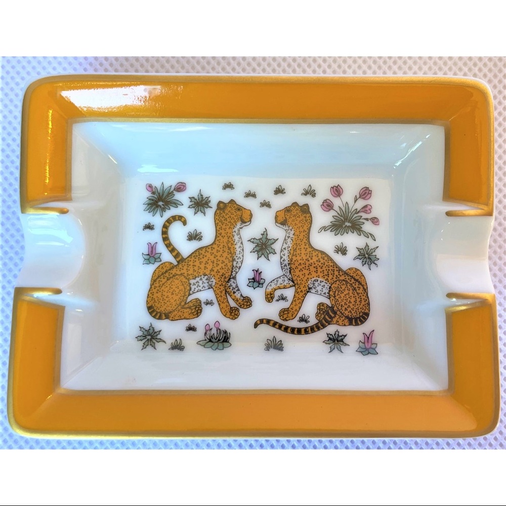 Vintage Hermes Porcelain Les Leopards Gold Ashtray / Catchall